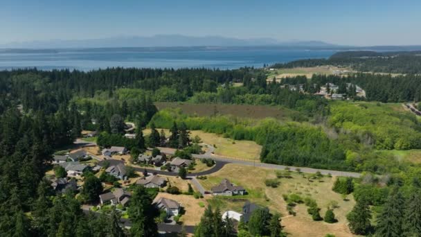 Flygfoto Över Freeland Hem Whidbey Island Med Olympiska Bergen Fjärran — Stockvideo