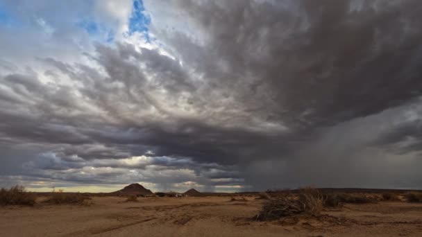 モハーヴェ砂漠の空を横切る暗い嵐の雲とバットの上の遠くの風景の上に雨をシャワー — ストック動画