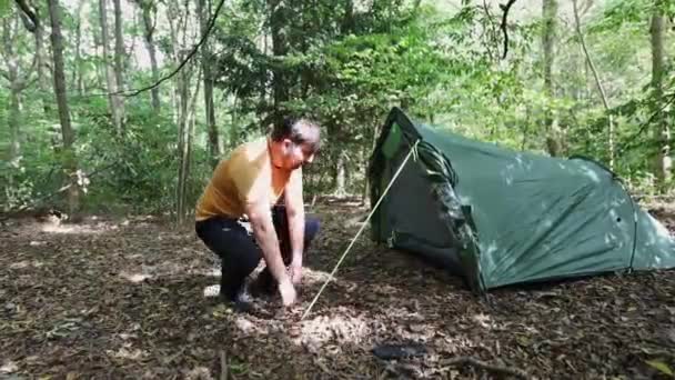 男性旅行者は正常に森の中のキャンプ場でテントを設定終了します — ストック動画