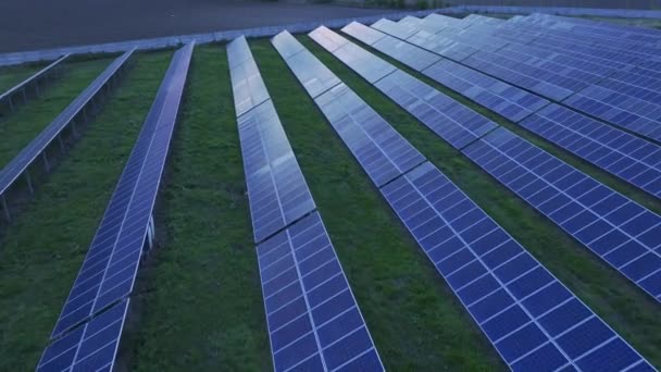 数百の太陽エネルギーモジュールやパネル行の空中ビュー 空中ドローンの視点から見た太陽光発電所 — ストック動画
