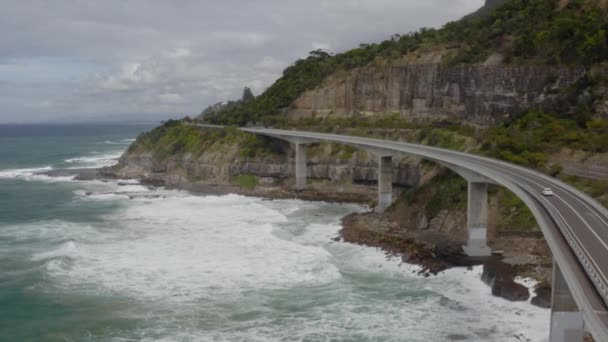 Drone Shot White Car Drives Large Bridge Ocean New South — Stock Video