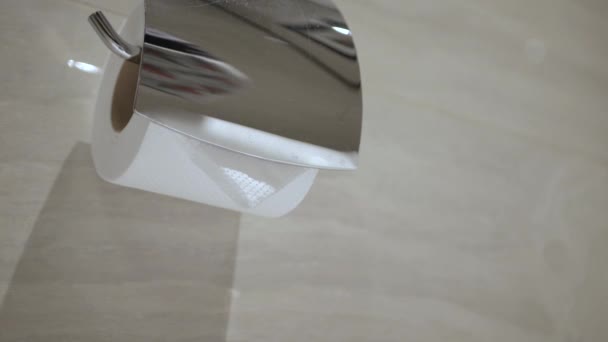 Closeup Hand Pulling Taking Toilet Paper Roll Holder Wipe Toilet — Stock Video