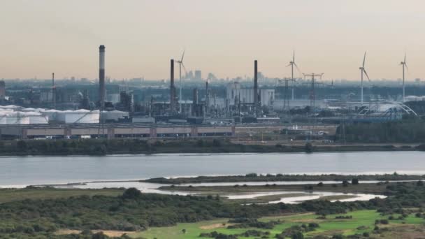 Een Commerciële Haven Nederland Met Windturbines Diverse Industrieën — Stockvideo