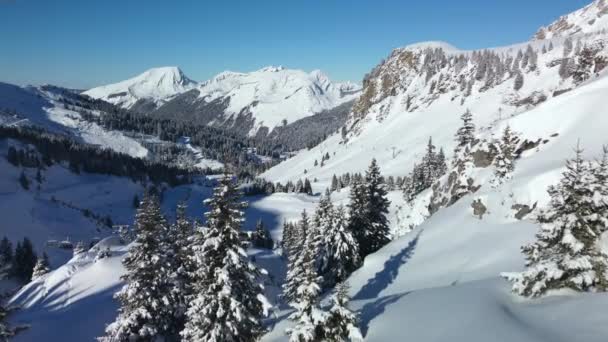 Χαμηλή Flyover Πίσω Χώρα Του Avoriaz Ski Resort Γαλλικές Άλπεις — Αρχείο Βίντεο