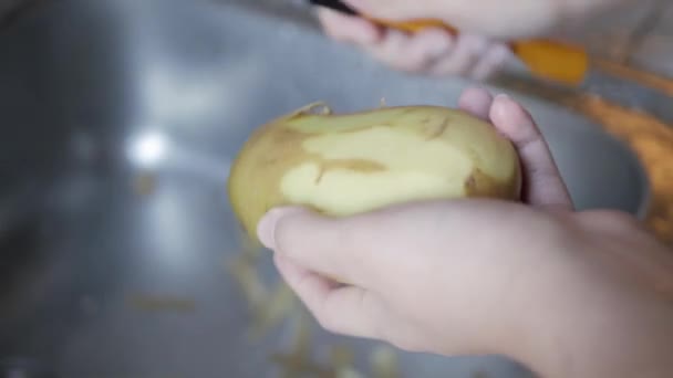 Main Utilisant Éplucheur Pour Éplucher Peau Pomme Terre Préparant Pour — Video