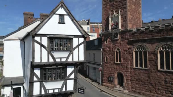 Exeter Deki Tarihi Binalar Taşınmış Mary Merdivenleri Kilisesi Tudor Evi — Stok video