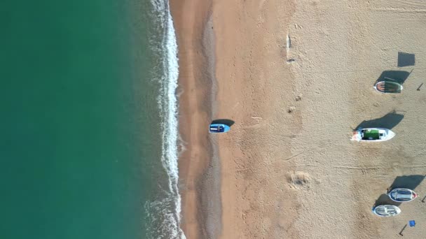 Aerial Overhead View Beach Calm Turquoise Blue Waters Fishermen Boats — Stock Video