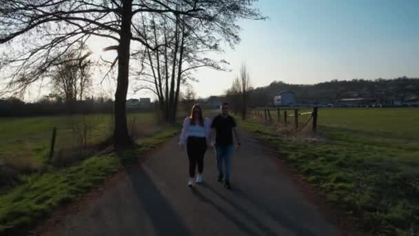 Almanya Bahar Mevsiminde Kırsal Bir Yolda Yürüyen Bir Çiftin Hava — Stok video