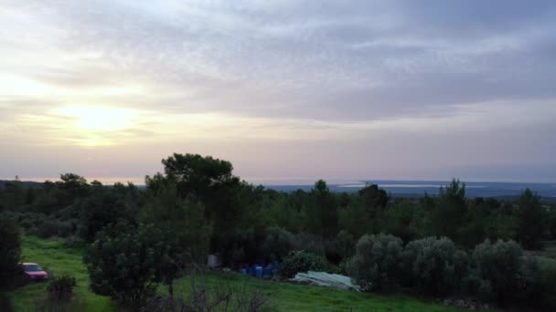 Statische Luftaufnahme Über Einem Dorf Die Einen Schönen Horizont Auf — Stockvideo