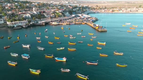 Drone Voando Para Frente Revelando Vários Pequenos Barcos Ancorados Baía — Vídeo de Stock