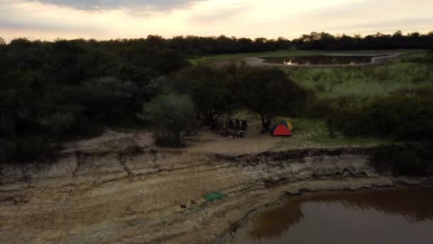 Aerial Shot Dawn Time Group Fishermen Camping Tebicuary River Side — Stock Video