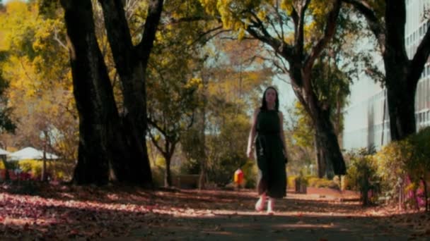 Toma Mano Mujer Confiada Vestido Verde Caminando Parque Hacia Cámara — Vídeos de Stock