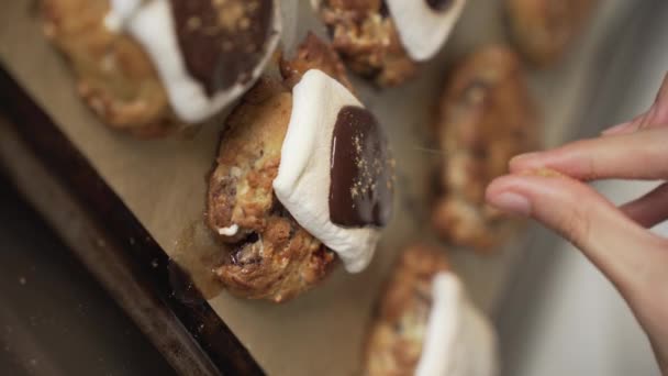 Verticaal Schot Graham Powder Bovenop Vers Gebakken More Koekjes Strooien — Stockvideo