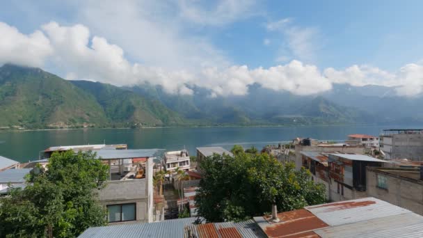 Shot Residential Houses Lake Atitlan Guatemala Central America Surrounded Volcanic — Stock Video