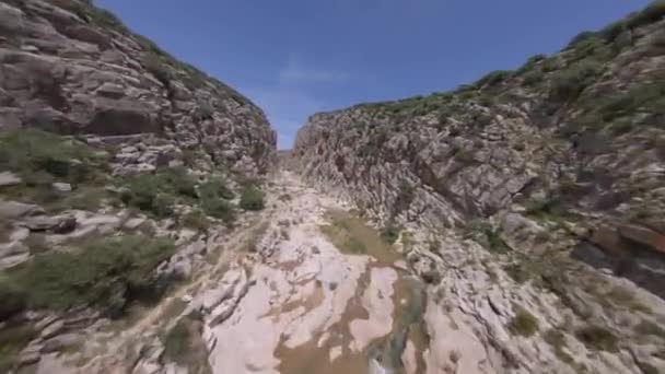 Kurak Engebeli Dar Kayalık Nehir Kanyonunda Dramatik Fpv Uçuş — Stok video