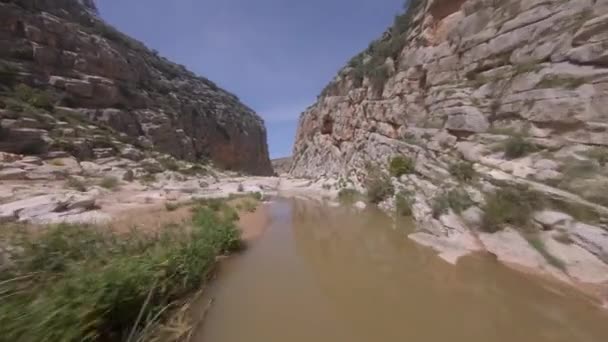 Low First Person View Aerial Shallow River Narrow Rock Gorge — Stock Video