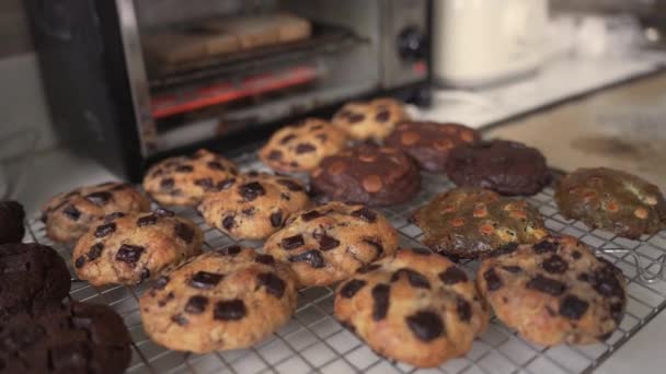 Tempting Assorted Cookies Cooling Rack Oven Dolly Shot — Stock Video