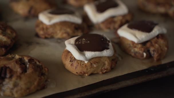 Lahodně Pečené Sušenky Rozpuštěným Marmeládou Čokoládou Grahamovým Práškem Zavřít — Stock video