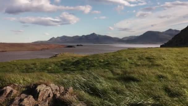 Windy Day Rural Iceland Showing Blue Sky Wide Shot Stable — Stock Video