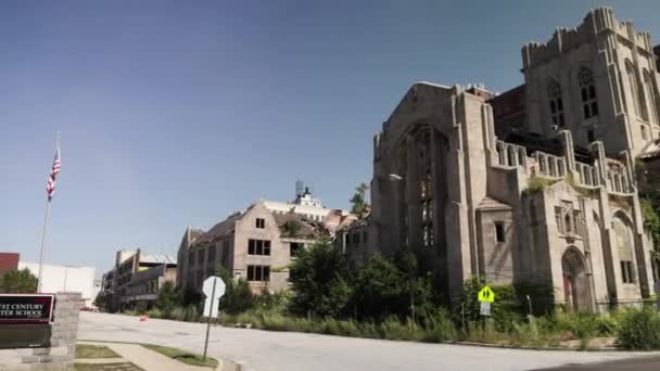 Iglesia Metodista Ciudad Abandonada Gary Indiana Con Video Cardán Panorámico — Vídeos de Stock