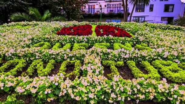 ガーンジーの花の庭でエリザベス2世のダイヤモンドジュビリーへの花のトリビュート ハイパーラプスズームアウト — ストック動画