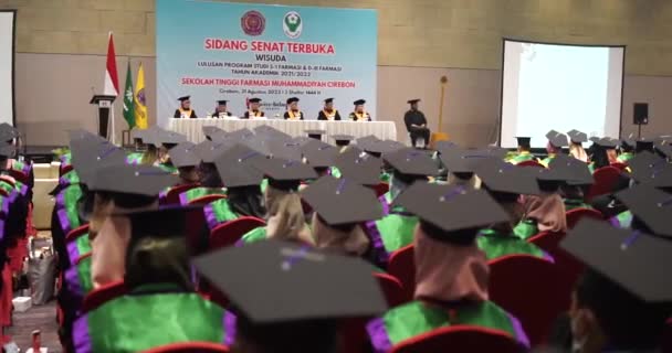 Decano Universidad Junta Funcionarios Dando Discurso Ceremonia Final Graduación Diploma — Vídeos de Stock