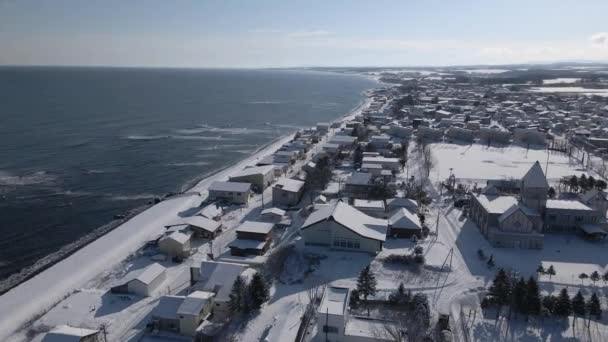 Σπίτια Και Κτίρια Στην Ακτή Της Ιαπωνίας Χειμώνα Θάλασσα Και — Αρχείο Βίντεο