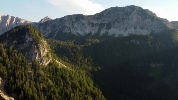 Vista Aérea Una Silla Montar Boscosa Alta Montaña Cerca Picos — Vídeos de Stock