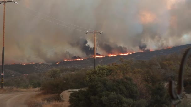 加利福尼亚州海默特山坡上的一场森林大火 2022年9月6日 火势在统一战线上蔓延 燃烧的地方冒出浓烟 从路边的泥土射来的雨伞 — 图库视频影像