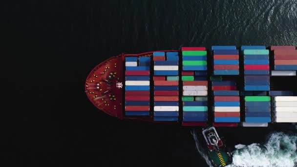 Повітряний Вид Буксирний Човен Який Допомагає Великого Авіаносця Залишаючи Морський — стокове відео