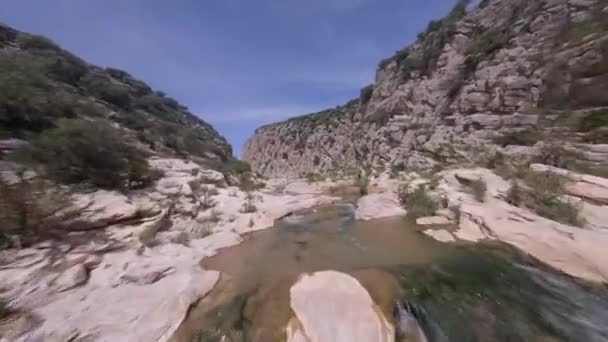 Fpv Ravvicinato Volo Aereo Prossimità Rocciosa Gola Canyon Fiume Robusto — Video Stock