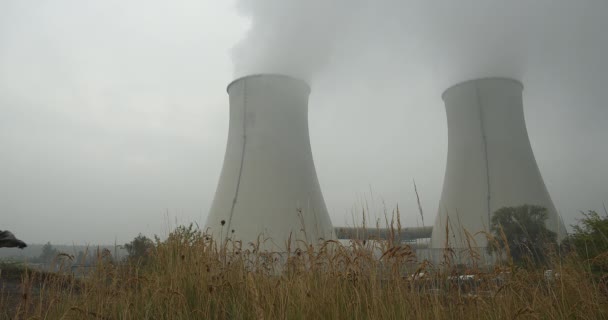 Man Protective Suit Walks Meadow Front Power Plant Dosimeter — Stock Video