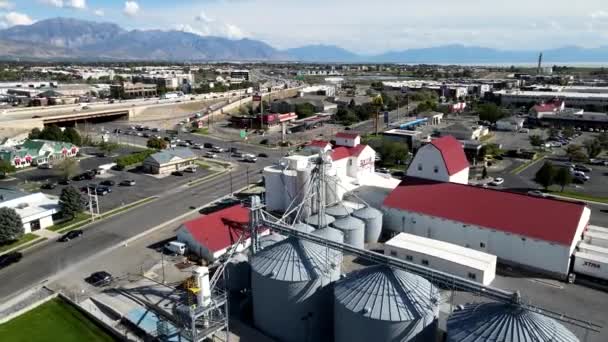 Lehi Roller Mills Aerial Orbiting Reveal Turkey Peacock Flour Signage — Stock Video