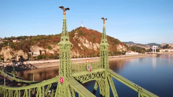 Órbita Aérea Lenta Alrededor Del Puente Libertad Hora Dorada Budapest — Vídeos de Stock