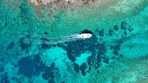 ブルーラグーンターコイズブルーの海セーリングクルクニャ ヴェリ島近くのブルーラグーン地域のアドリア海の重要な澄んだ水に小さなボートが航海しています — ストック動画
