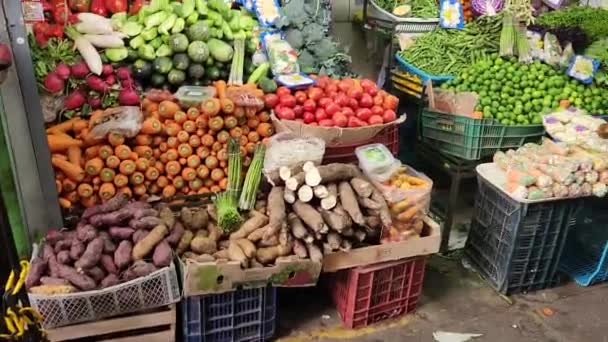Video Vegetable Fruit Market Carrots Yuccas Asparagus Bell Peppers Tomatoes — Stock Video
