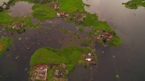 Drony Lecące Przodu Ujawniające Kilka Skromnych Domów Trawnikach Otoczonych Wodą — Wideo stockowe