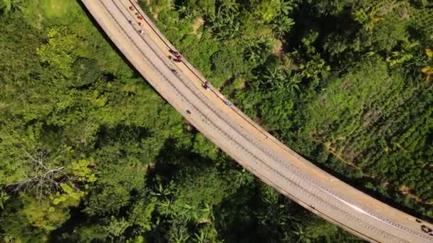 관광객들은 스리랑카의 나무들 사이에 하늘에 단선을 경치를 감상하고 산책을 합니다 — 비디오