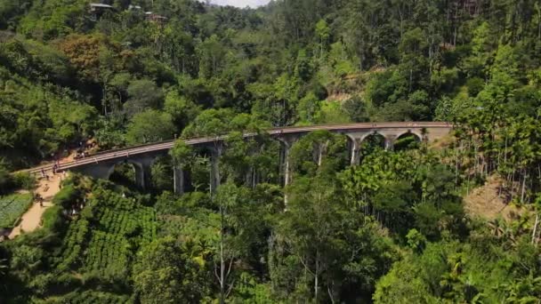 植民地時代からの美しい9つのアーチ鉄道橋は 晴れた日にスリランカの美しい自然の中で緑の森と高い山の間を巻きます ドローン トラッキング ショット — ストック動画