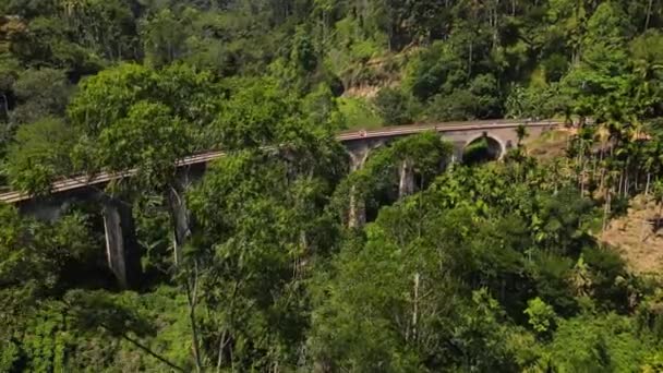 いくつかの観光客が緑のアジアの自然を眺めながらスリランカの歴史的なナインアーチ橋を歩いています ドローンドーリー ティルトが木を通りかかった — ストック動画