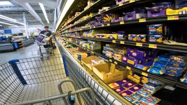 Pov While Pushing Cart Partially Empty Refrigerated Shelves Intended Cheese — 图库视频影像
