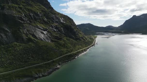 Vista Aérea Que Muestra Fiordo Lofoten Noruega Largo Del Cual — Vídeos de Stock