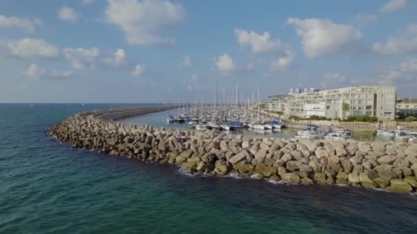 Marina Herzliya Israel Aerial Parallax Marina Cloudy Blue Skies — Stock Video