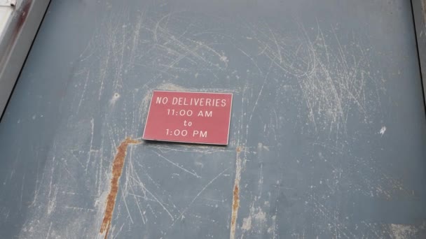 Slow Motion Sull Out Creepy Red Deliveries Sign Abandoned Warehouse — Vídeo de stock