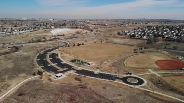 Parking Lot Baseball Diamond Soccer Field Colorado Eastern Plains Aerial — Stock Video