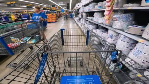 Pov While Pushing Cart Partially Empty Shelves Paper Plates Other — 图库视频影像