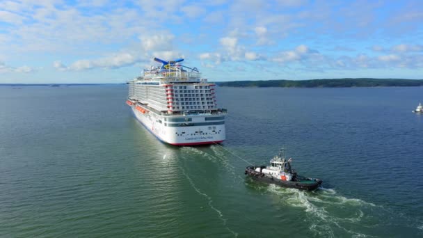 Cruise Ship Carnival Celebration Finnish Archipelago Sea Trials Tug Boat — Stock Video