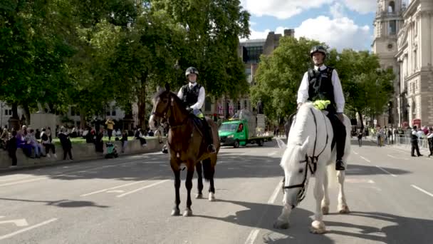 Paar Gemonteerde Metropolitane Politie Staande Gesloten Rond Parliament Square Westminster — Stockvideo