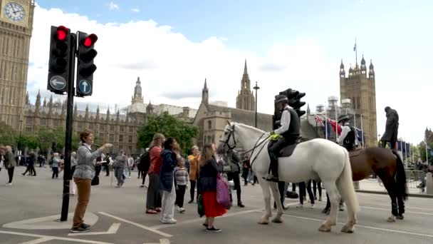 Pferde Berittene Polizei Grüßt Touristen Auf Dem Abgesperrten Parlamentsplatz London — Stockvideo