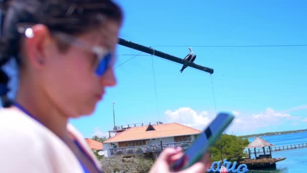 Mediana Toma Una Chica Caucásica Revisando Celular Playa Mientras Una — Vídeo de stock